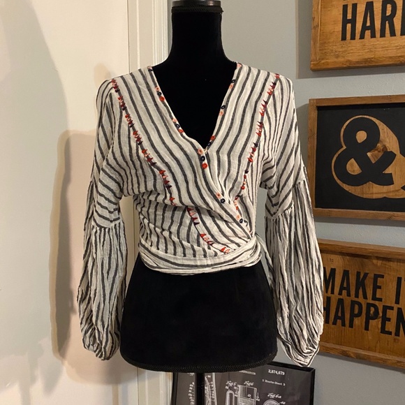 Altar'd State Tops - Altar'd State Wrap Stripe Embroidered Boho Blouse